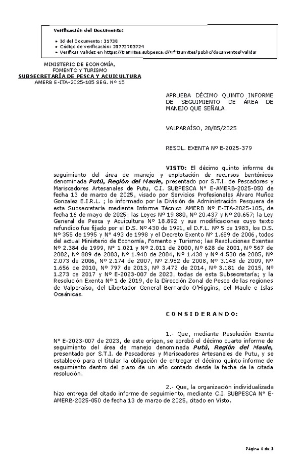 RESOL. EXENTA Nº E-2025-379 Aprueba décimo quinto informe de seguimiento. (Publicado en Página Web 22-05-2025)