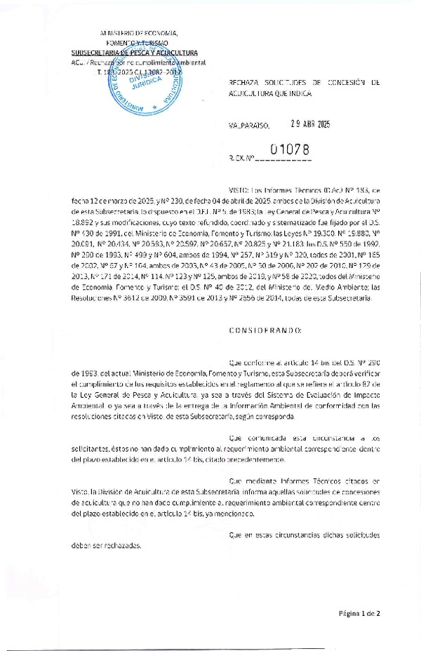 Res. Ex. N° 1078-2025 Rechaza solicitudes de concesión de acuicultura que indica. (Publicado en Página Web 22-05-2025)