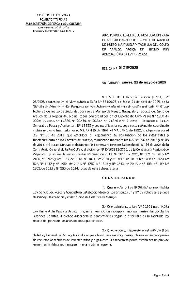 Res. Ex. N° 1315-2025 Abre Período Especial de Postulación para el Sector Privado del Comité de Manejo de Huepo, Navajuela y Taquilla del Golfo de Arauco, Región del Biobío. (Con Informe Técnico) (Publicado en Página Web 22-05-2025)