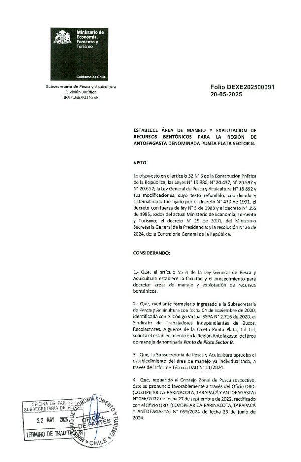 Dec. Ex. Folio 202500091 Establece Área de Manejo y Explotación de Recursos Bentónicos para la Región de Antofagasta Denominada Punta Plata Sector B. (Publicado en Página Web 23-05-2025)