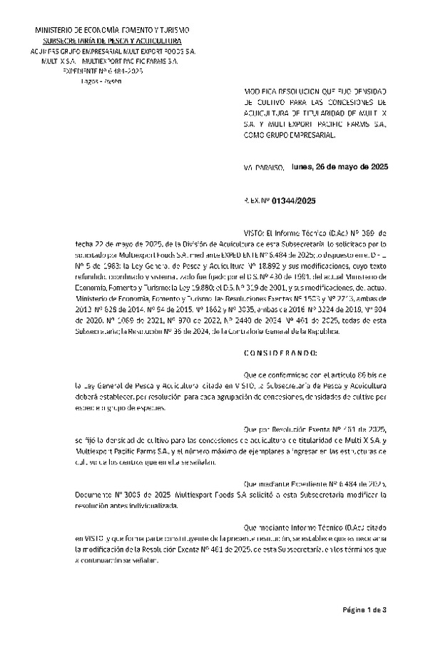 Res. Ex. N° 1344-2025 Modifica Res. Ex. N°461-2025 Fija densidad de cultivo para las concesiones de Acuicultura de Titularidad de Multi X S.A. y Multiexport Pacific Farms S.A., como grupo empresarial. Aprueba programa de manejo que indica. (Con informe Técnico) (Publicado en Página Web 26-05-2025)