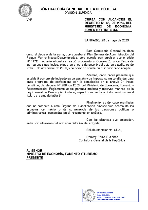 D.S. N° 62-2024 aprueba Plan General de Administración del Parque Marino Nazca-Desventuradas. (Publicado en Página Web 30-05-2025) (F.D.O. 04-06-2025)