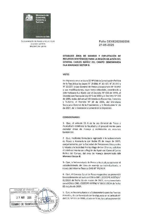 Dec. Ex. Folio 202500096 Establece Área de Manejo y Explotación de Recursos Bentónicos para la Región de Aysén del General Carlos Ibáñez del Campo Denominada Isla Marcacci Sector B. (Publicado en Página Web 30-05-2025)