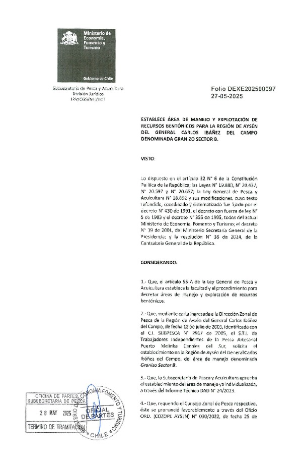 Dec. Ex. Folio 202500097 Establece Área de Manejo y Explotación de Recursos Bentónicos para la Región de Aysén del General Carlos Ibáñez del Campo Denominada Granizo Sector B. (Publicado en Página Web 30-05-2025)
