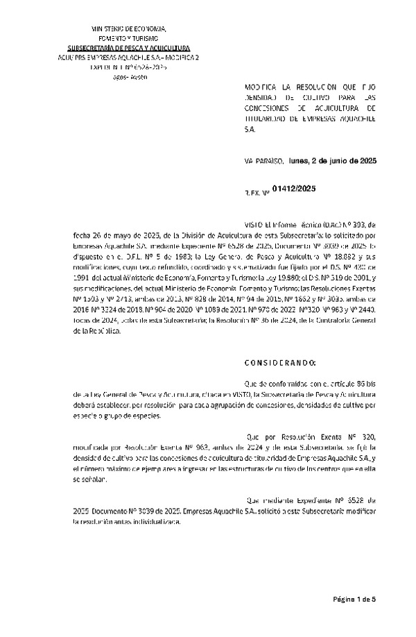 Res. Ex. N° 1412-2024 Modifica Res. Ex. Nº 320-2024 Fija densidad de cultivo para las concesiones de acuicultura de titularidad de Empresas Aquachile S.A. (Con Informe Técnico) (Publicado en Página Web 03-06-2025)