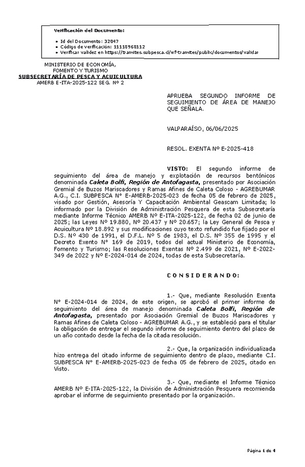 RES. EX. Nº E-2025-418 Aprueba segundo informe de seguimiento. (Publicado en Página Web 09-06-2025)