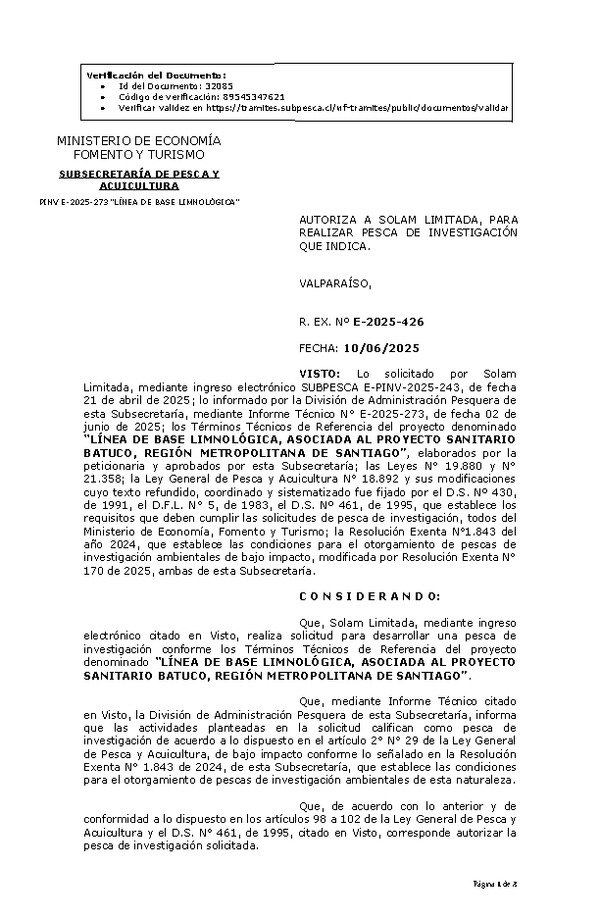 R. EX. Nº E-2025-426 AUTORIZA A SOLAM LIMITADA, PARA REALIZAR PESCA DE INVESTIGACIÓN QUE INDICA. (Publicado en Página Web 10-06-2025)