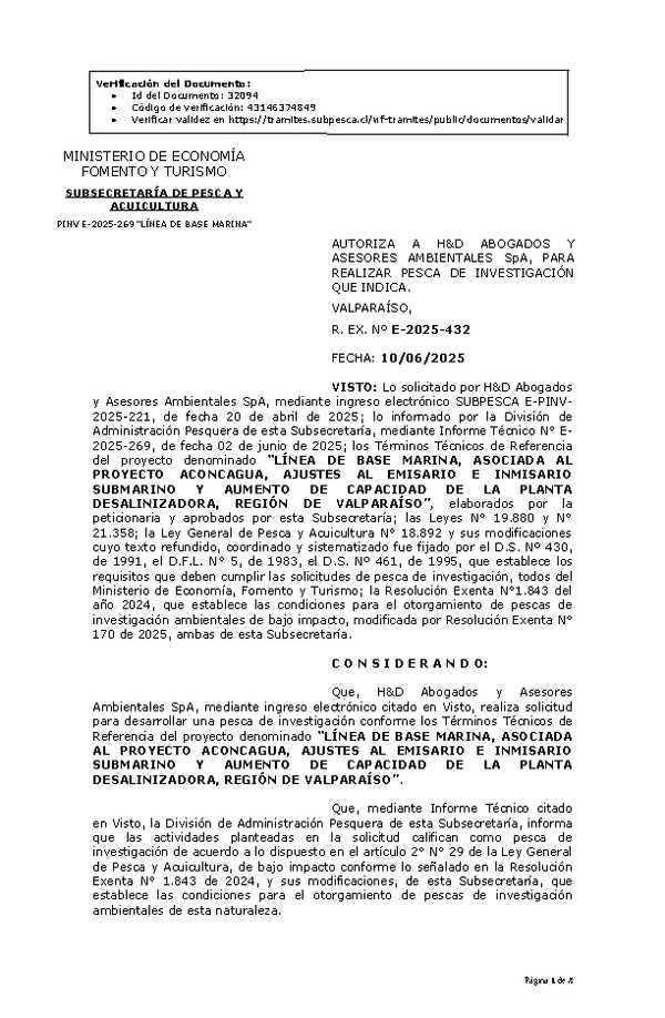 R. EX. Nº E-2025-432 AUTORIZA A H&D ABOGADOS Y ASESORES AMBIENTALES SpA, PARA REALIZAR PESCA DE INVESTIGACIÓN QUE INDICA. (Publicado en Página Web 10-06-2025)