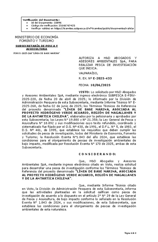 R. EX. Nº E-2025-433 AUTORIZA A H&D ABOGADOS Y ASESORES AMBIENTALES SpA, PARA REALIZAR PESCA DE INVESTIGACIÓN QUE INDICA. (Publicado en Página Web 10-06-2025)