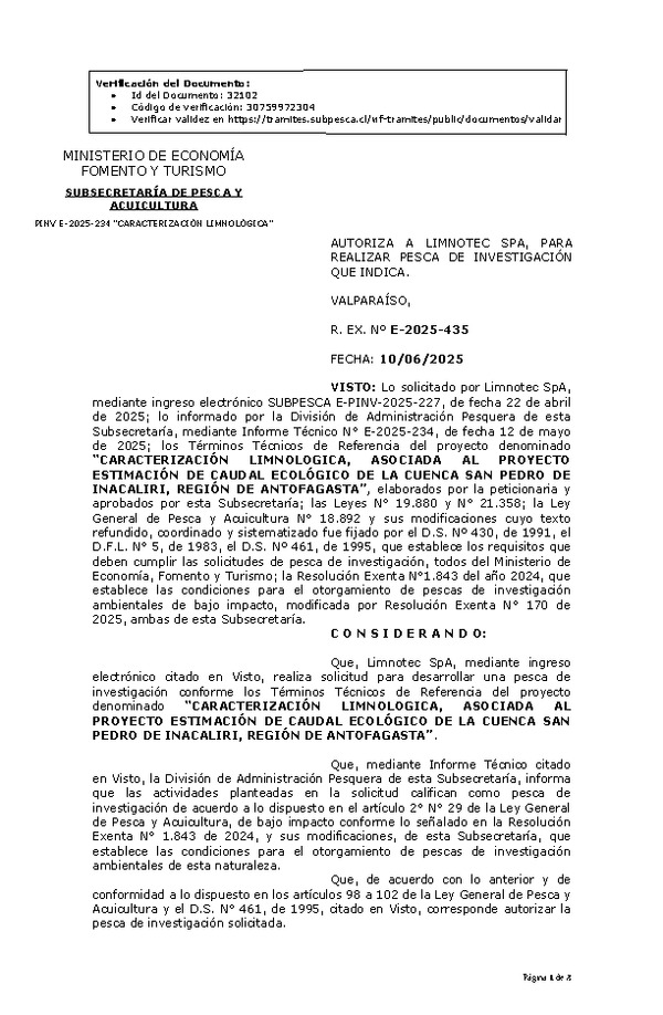  R. EX. Nº E-2025-435 AUTORIZA A LIMNOTEC SPA, PARA REALIZAR PESCA DE INVESTIGACIÓN QUE INDICA. (Publicado en Página Web 10-06-2025)