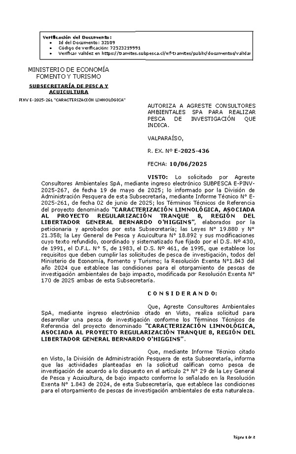  R. EX. Nº E-2025-436 AUTORIZA A AGRESTE CONSULTORES AMBIENTALES SPA PARA REALIZAR PESCA DE INVESTIGACIÓN QUE INDICA. (Publicado en Página Web 10-06-2025)