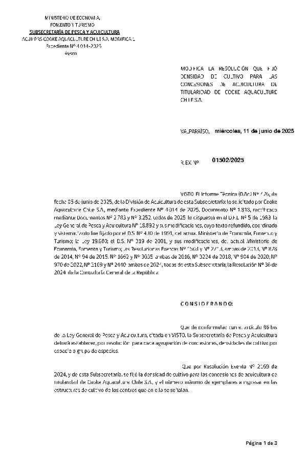 Res. Ex. N° 1502-2025 Modifica Res. Ex. N° 2169-2024 Fija densidad de cultivo para las concesiones de acuicultura de titularidad de Cooke Aquaculture Chile S.A. Aprueba programa de manejo que indica. (Con Informe Técnico) (Publicado en Página Web 11-06-2025)
