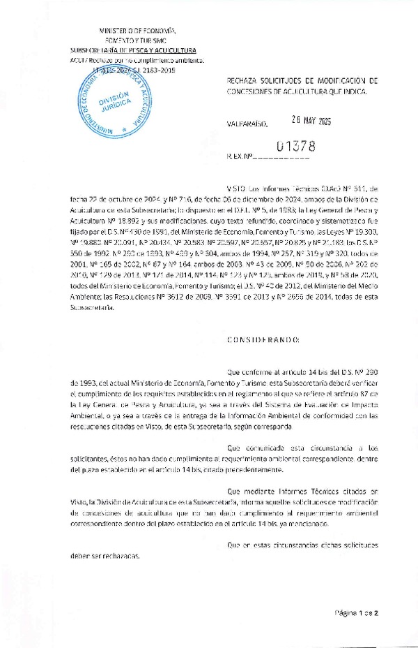 Res. Ex. N° 1378-2025 Rechaza solicitudes de modificación de concesiones de acuicultura que indica. (F.D.O. 07-06-2025)