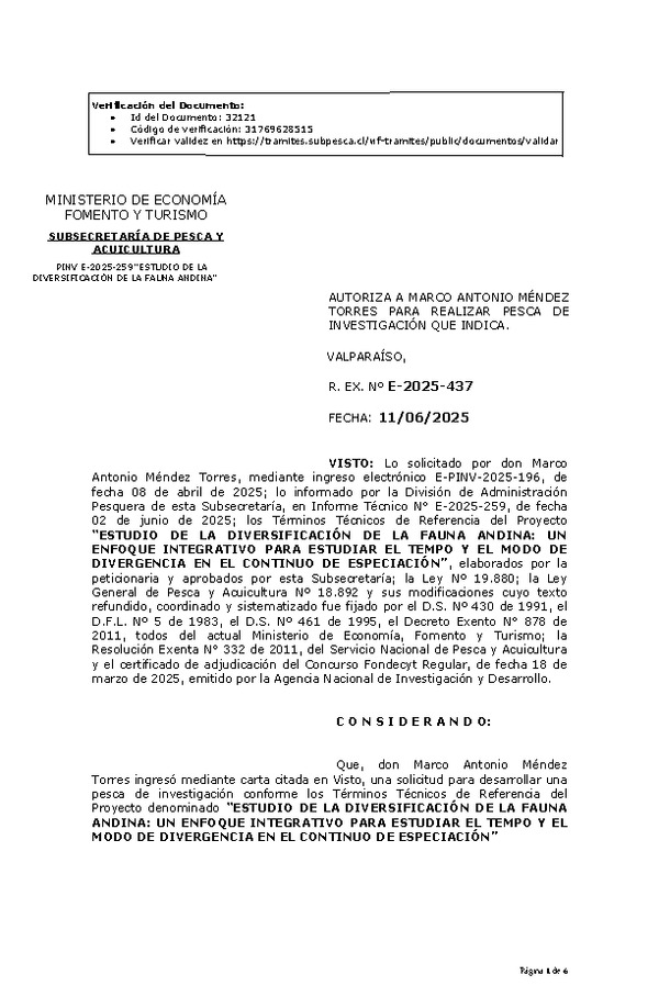 R. EX. Nº E-2025-437 AUTORIZA A MARCO ANTONIO MÉNDEZ TORRES PARA REALIZAR PESCA DE INVESTIGACIÓN QUE INDICA. (Publicado en Página Web 12-06-2025)