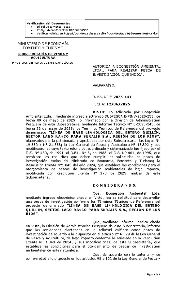 R. EX. Nº E-2025-441 AUTORIZA A ECOGESTIÓN AMBIENTAL LTDA., PARA REALIZAR PESCA DE INVESTIGACIÓN QUE INDICA. (Publicado en Página Web 12-06-2025)
