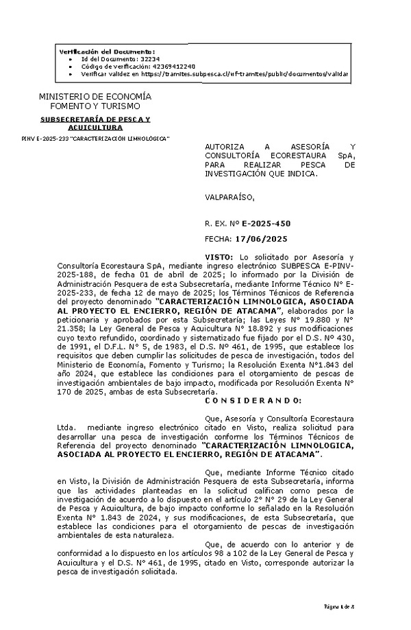 R. EX. Nº E-2025-450 AUTORIZA A ASESORÍA Y CONSULTORÍA ECORESTAURA SpA, PARA REALIZAR PESCA DE INVESTIGACIÓN QUE INDICA. (Publicado en Página Web 17-06-2025)