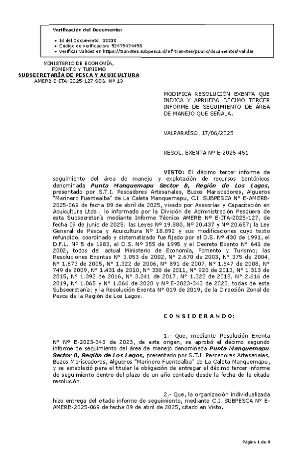 RESOL. EXENTA Nº E-2025-451 Modifica resolución que indica, Aprueba décimo tercer informe de seguimiento. (Publicado en Página Web 17-06-2025)