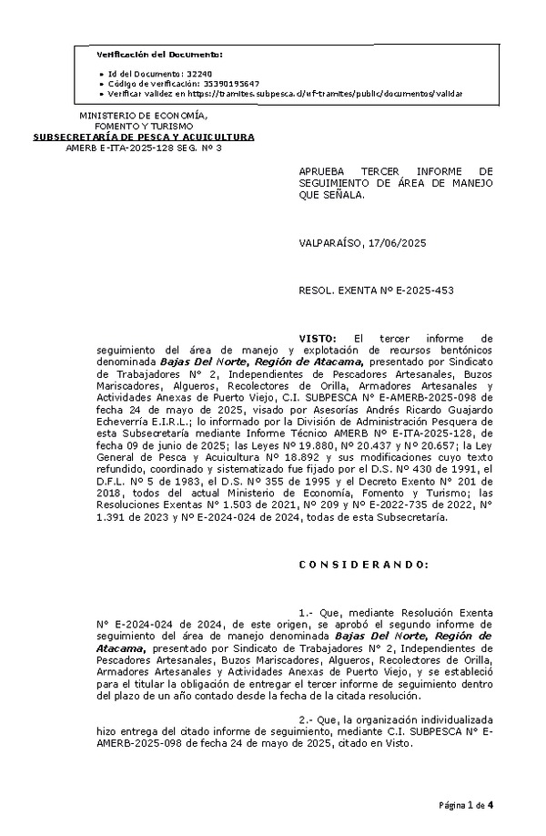 RESOL. EXENTA Nº E-2025-453 Aprueba tercer informe de seguimiento. (Publicado en Página Web 17-06-2025)
