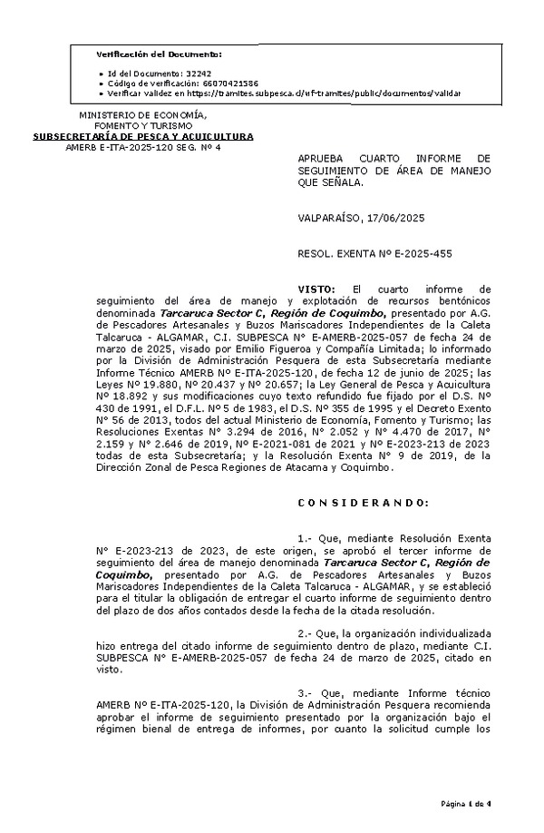 RESOL. EXENTA Nº E-2025-455 Aprueba cuarto informe de seguimiento. (Publicado en Página Web 17-06-2025)