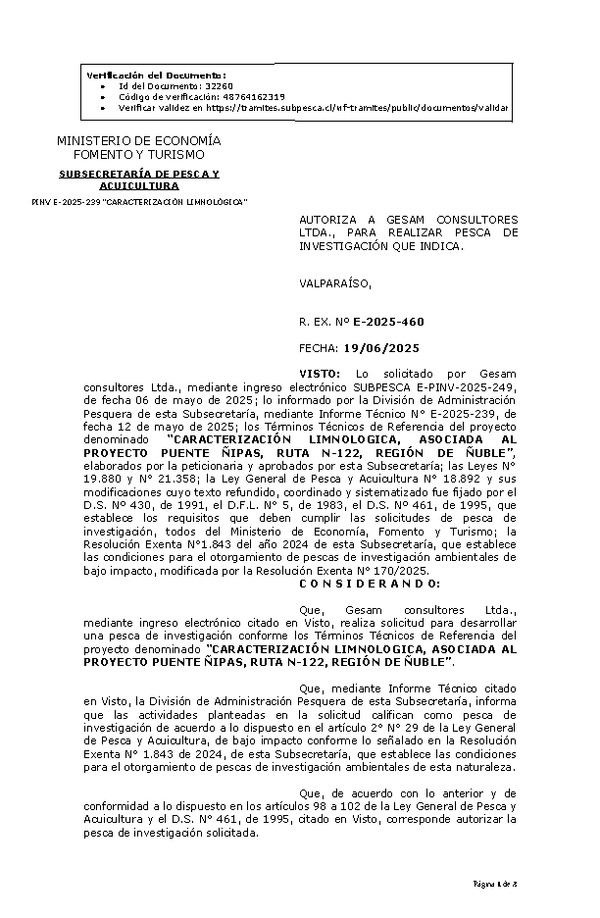 R. EX. Nº E-2025-460 AUTORIZA A GESAM CONSULTORES LTDA., PARA REALIZAR PESCA DE INVESTIGACIÓN QUE INDICA. (Publicado en Página Web 19-06-2025)