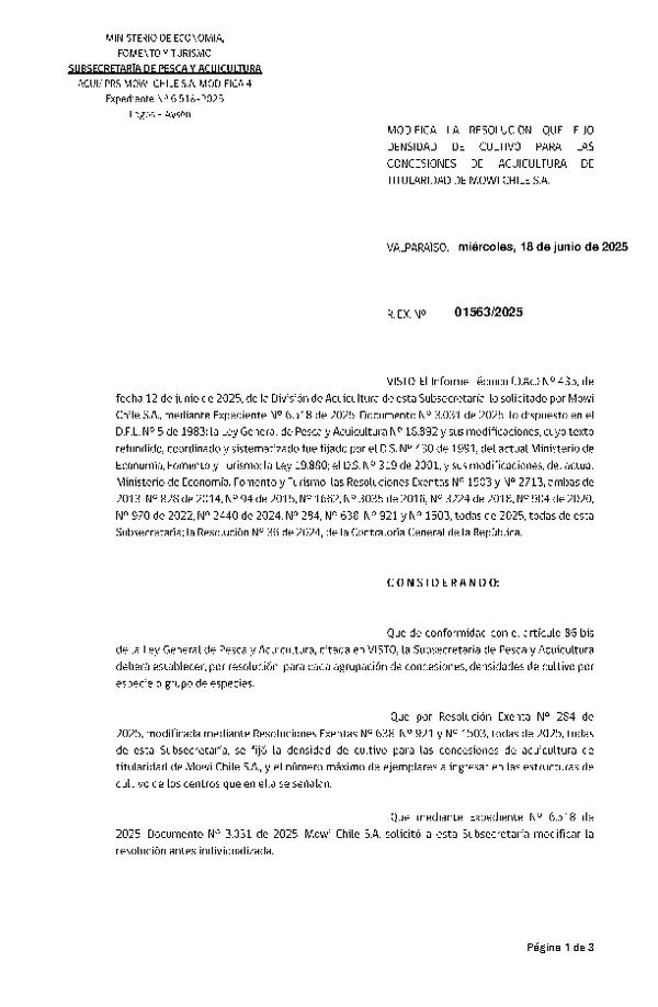 Res. Ex. N° 1563-2025 Modifica Res. Ex. N° 284-2025 Fija densidad de cultivo para las concesiones de acuicultura de titularidad de Mowi Chile S.A. Aprueba programa de manejo que indica. (Con Informe Técnico) (Publicado en Página Web 19-06-2025)