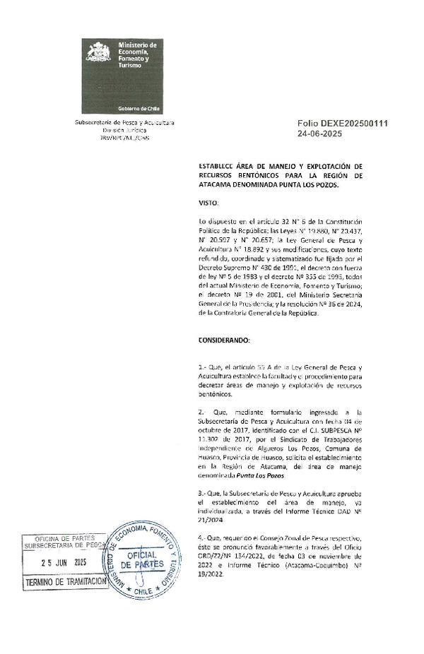 Dec. Ex. N° Folio 202500111 Establece Área de Manejo y Explotación de Recursos Bentónicos Para la Región de Atacama Denominada Punta Los Pozos. (Publicado en Página Web 25-06-2025)