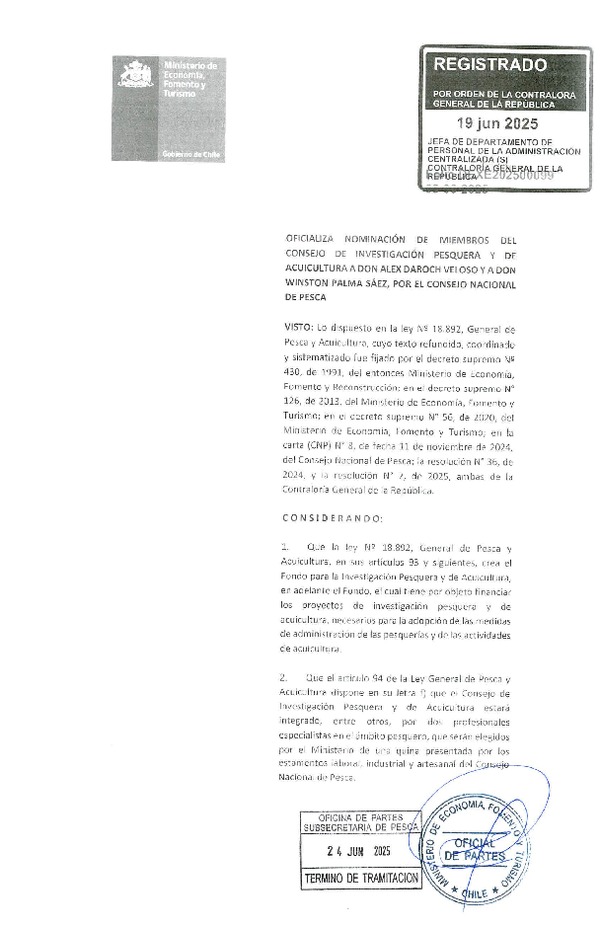 Dec. Ex. Folio 202500099 Oficializa Nominación de Miembros del Consejo de Investigación Pesquera y de Acuicultura Don Alex Daroch Veloso y a Don Winston Palma Sáez, por el Consejo Nacional de Pesca. (Publicado en Página Web 25-06-2025)