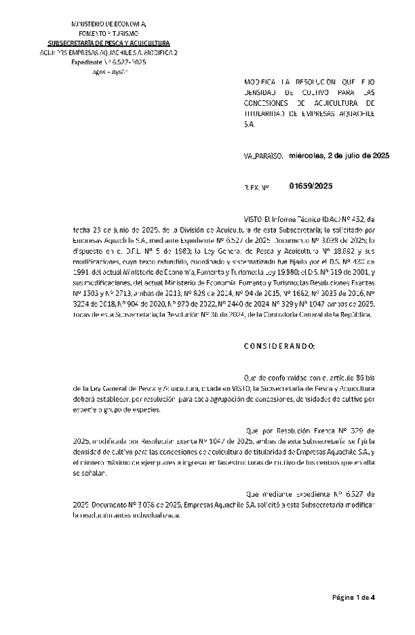 Res. Ex. N° 1659-2025 Modifica Res. Ex. N° 329-2025 Fija densidad de cultivo para las concesiones de acuicultura de titularidad de Empresas Aquachile S.A. Aprueba programa de manejo que indica. (Con Informe Técnico) (Publicado en Página Web 03-07-2025)