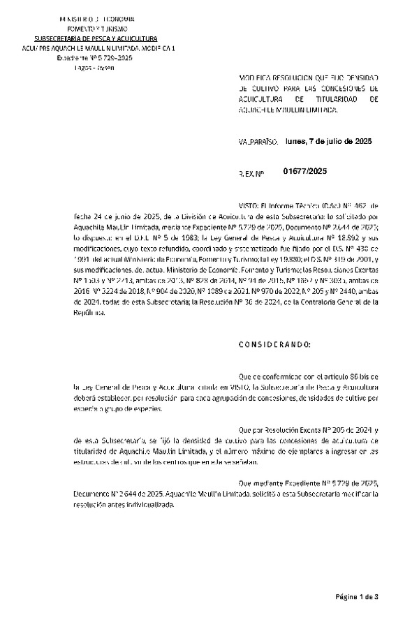 Res. Ex. N° 1677-2025 Modifica Res. Ex. N° 205-2024 Fija densidad de cultivo para las concesiones de acuicultura de titularidad de Aquachile Maullín Limitada. Aprueba Programa de Manejo que Indica. (Con informe técnico) (Publicado en Página Web 08-07-2025)