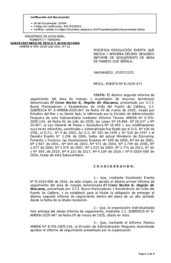 RESOL. EXENTA Nº E-2025-472 Modifica resolución que indica, Aprueba décimo segundo informe de seguimiento. (Publicado en Página Web 09-07-2025)