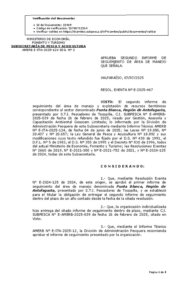 RESOL. EXENTA Nº E-2025-467 Aprueba segundo informe de seguimiento. (Publicado en Página Web 09-07-2025)