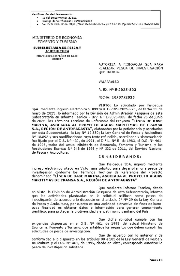 RES. EX. Nº E-2025-503 AUTORIZA A FISIOAQUA SpA PARA REALIZAR PESCA DE INVESTIGACIÓN QUE INDICA. (Publicado en Página Web 10-07-2025)