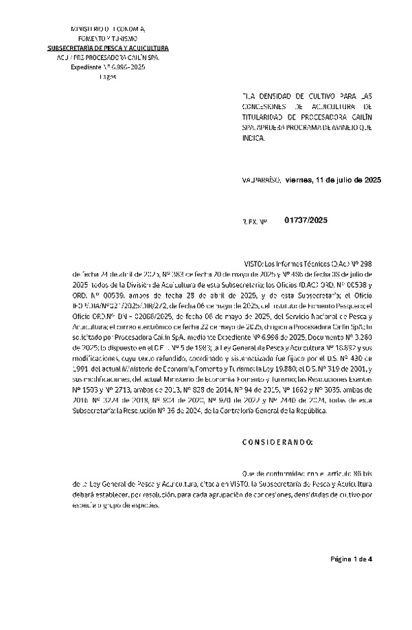 Res. Ex. N° 1737-2025 Fija densidad de cultivo para las concesiones de acuicultura de titularidad de Procesadora Cailín SpA. Aprueba programa de manejo que indica. (Con Informe Técnico) (Publicado en Página Web 14-07-2025)