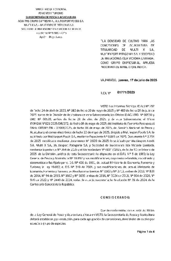 Res. Ex. N° 1771-2025 Fija densidad de cultivo para las concesiones de acuicultura de titularidad de Multi X S.A., Multiexport Patagonia S.A., Sociedad de Inversiones Isla Victoria Limitada, como grupo empresarial. Aprueba programa de manejo que indica. (Con Informe Técnico) (Publicado en Página Web 18-07-2025)
