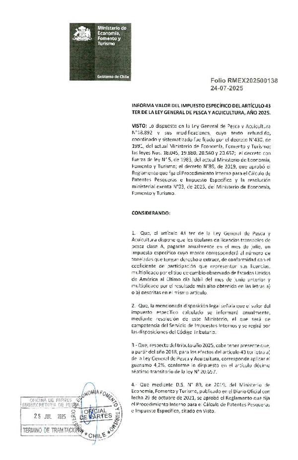 Res Min. Ex. Folio 202500138 Informa Valor del Impuesto Específico del Artículo 43 Ter de la Ley General de Pesca y Acuicultura, Año 2025. (Publicado en Página Web 25-07-2025)