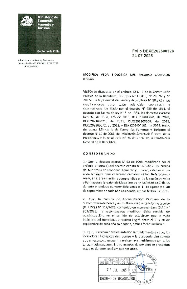 Dec. Ex. Folio 202500128 Modifica Dec. Ex. N° 92-1998 Veda Biológica Recurso Camarón Nailon, Regiones de Arica y Parinacota a Magallanes y La Antártica Chilena. (Publicado en Página Web 30-07-2025)