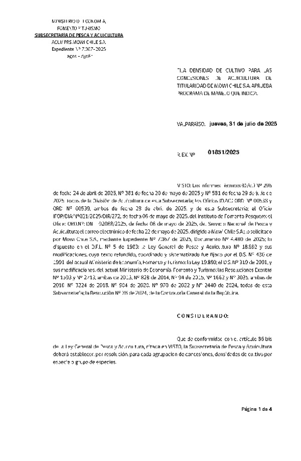 Res. Ex. N° 1851-2025 Fija densidad de cultivo para las concesiones de acuicultura de titularidad de Mowi Chile S.A. Aprueba programa de manejo que indica. (Con Informe Técnico) (Publicado en Página Web 31-07-2025)