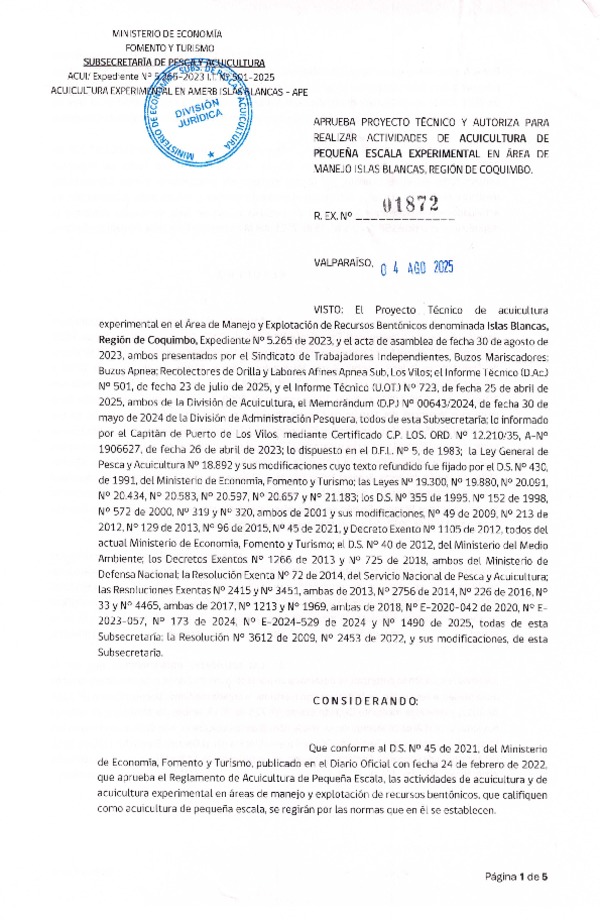 Res. Ex. N° 1872-2025, Aprueba Proyecto Técnico y Autoriza para Realizar Actividades de Acuicultura de Pequeña Escala Experimental en Área de Manejo Islas Blancas, Región de Coquimbo. (Publicado en Página Web 04-08-2025)