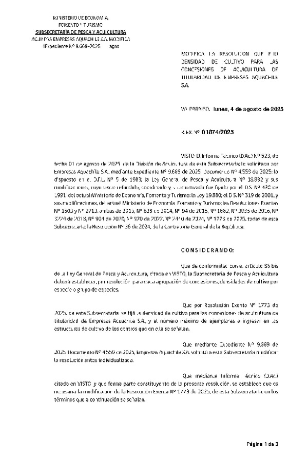 Res. Ex. N° 1874-2025 Modifica Res. Ex. N° 1773-2025 Fija densidad de cultivo para las concesiones de acuicultura de titularidad de Empresas Aquachile S.A. (Con Informe Técnico) (Publicado en Página Web 06-08-2025)