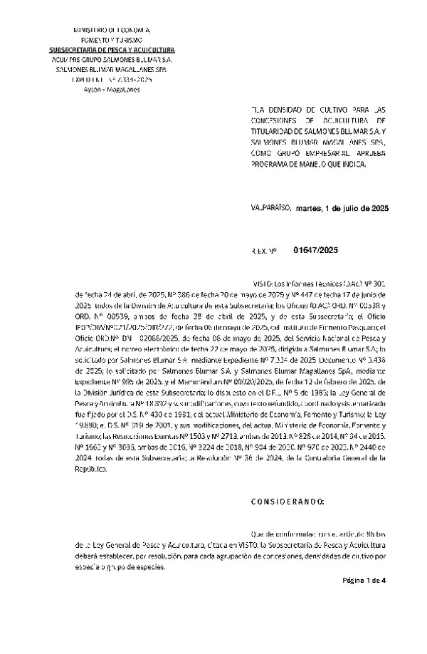 Res. Ex. N° 1647-2025 Fija densidad de cultivo para las concesiones de acuicultura de titularidad de Salmones Blumar S.A. y Salmones Magallanes SpA, como grupo empresarial. (Con Informe Técnico) (Publicado en Página Web 01-07-2025)