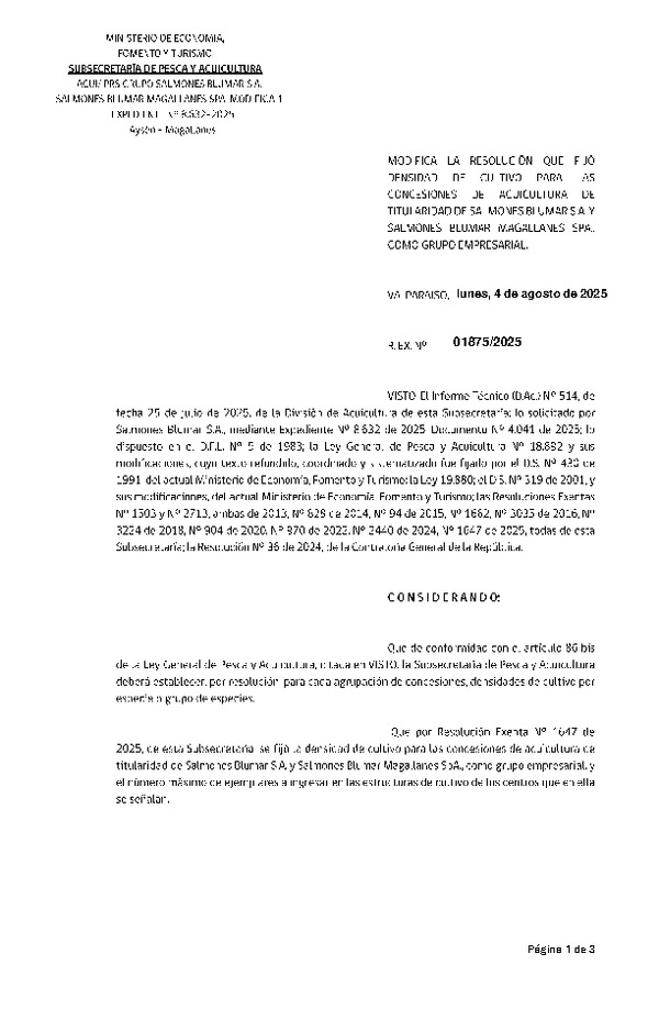 Res. Ex. N° 1875-2025 Modifica Res. Ex. N° 1647-2025 Fija densidad de cultivo para las concesiones de acuicultura de titularidad de Salmones Blumar S.A. y Salmones Magallanes SpA, como grupo empresarial. (Con Informe Técnico) (Publicado en Página Web 06-08-2025)