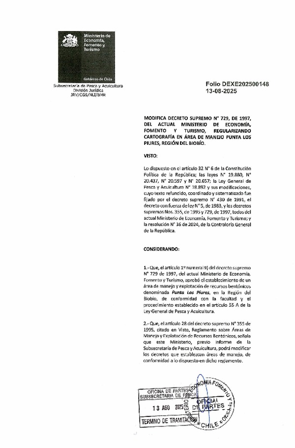 Dec. Ex. Folio 202500148 Modifica D.S. N° 729-1997 Reduciendo el Área de Manejo, Región del Biobío. (Publicado en Página Web 14-08-2025)