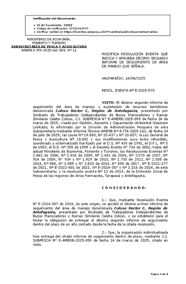 RESOL. EXENTA Nº E-2025-570 Aprueba décimo segundo Seguimiento. (Publicado en Página Web 18-08-2025)