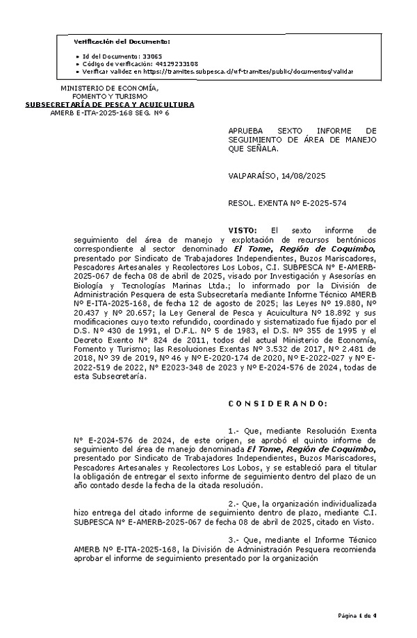 RESOL. EXENTA Nº E-2025-574 Aprueba sexto informe de seguimiento. (Publicado en Página Web 18-08-2025)