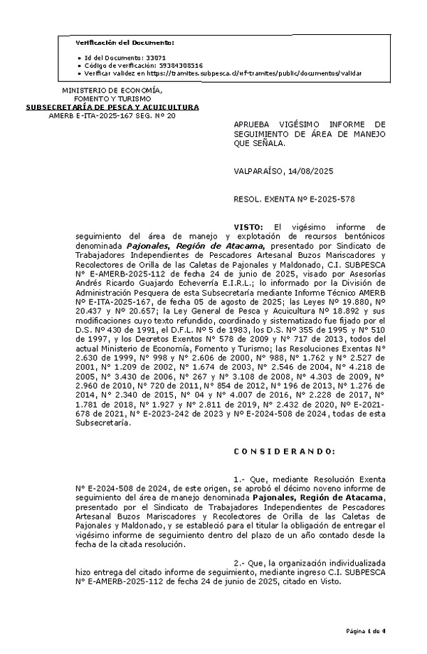 RESOL. EXENTA Nº E-2025-578 Aprueba vigésimo informe de seguimiento. (Publicado en Página Web 18-08-2025)