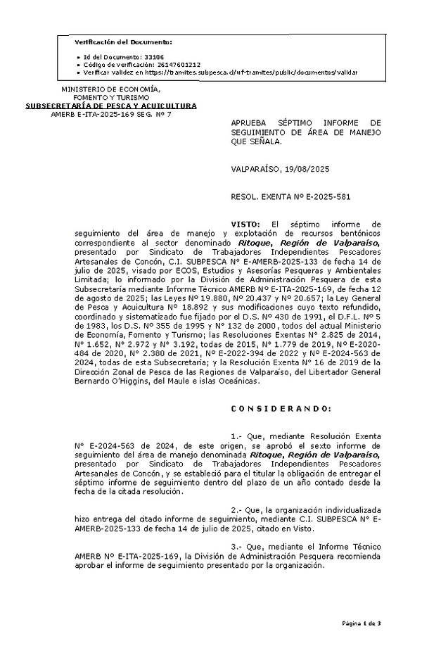 RESOL. EXENTA Nº E-2025-581 Aprueba séptimo informe de seguimiento. (Publicado en Página Web 19-08-2025)