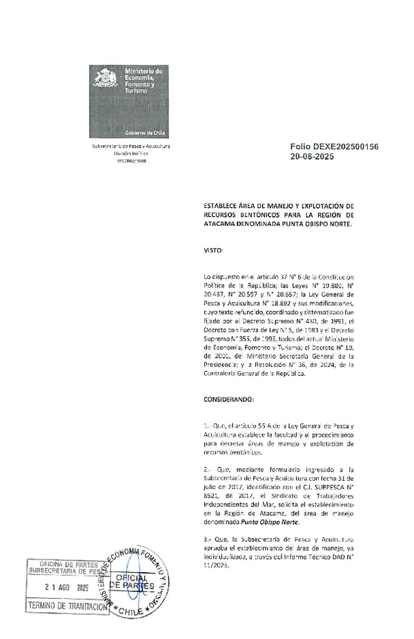 Dec. Ex. N° Folio 202500156 Establece Área de Manejo y Explotación de Recursos Bentónicos Para la Región de Atacama Denominada Punta Obispo Norte. (Publicado en Página Web 26-08-2025) (F.D.O. 11-10-2025)
