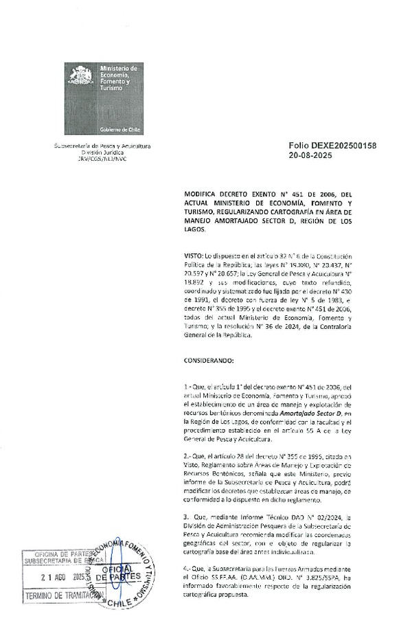 Dec. Ex. N° Folio 202500158 Modifica Decreto Exento N° 451-2006, Regularizando Cartografía en Área de Manejo Amortajado Sector de Los Lagos. (Publicado en Página Web 26-08-2025)