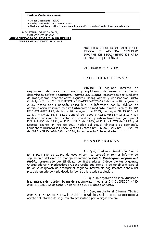 RESOL. EXENTA Nº E-2025-597 Modifica Resolución Exenta que indica y aprueba segundo informe de seguimiento. (Publicado en Página Web 26-08-2025).