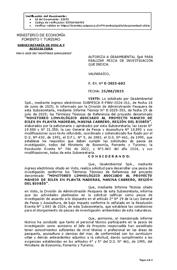R. EX. Nº E-2025-602 AAUTORIZA A GEAAMBIENTAL SpA PARA REALIZAR PESCA DE INVESTIGACIÓN QUE INDICA. (Publicado en Página Web 26-08-2025)